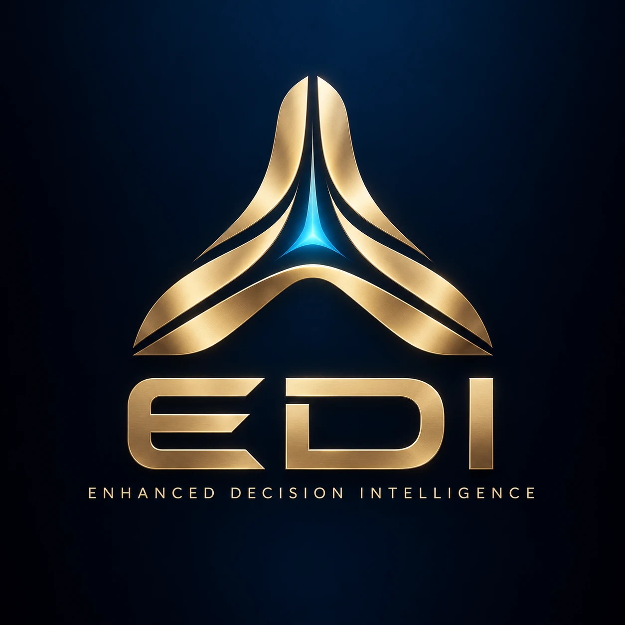 Logo de EDI: tres caminos dorados convergen en un núcleo cian. Enhanced Decision Intelligence.